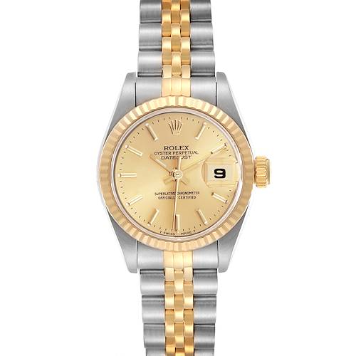 The Rolex Datejust model 79173 is shown from a front angle, displaying the dial, bezel, crown, and two-tone bracelet.