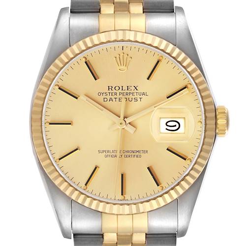 The Rolex Datejust model 16013 is shown from a frontal angle, highlighting the dial, hands, date window, bezel, and part of the bracelet.