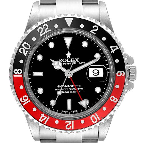 This is a front view of a Rolex GMT-Master 16710 Men's Stainless Steel Black Dial 16710 Men's Stainless Steel Black Dial II watch, showing the bezel, dial, hands, and bracelet.