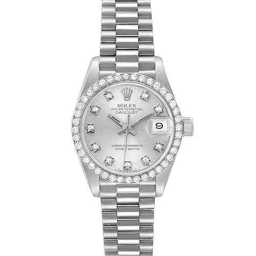 The image shows a frontal view of a Rolex President 69139 Women's White Gold Silver Dial 69139 Women's White Gold Silver Dial model watch, displaying the dial, bezel, and bracelet.