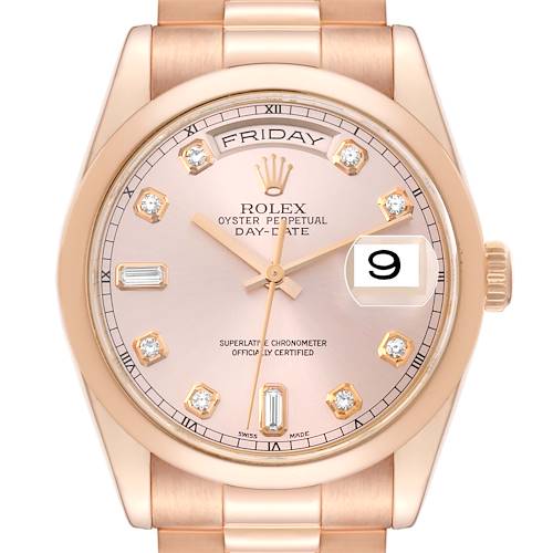 This is a front view of a Rolex President 118205 Men's Rose Gold Pink Dial 118205 Men's Rose Gold Pink Dial model watch, showcasing the dial, bezel, bracelet, and crown.