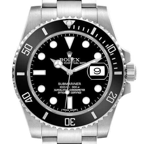 The image shows the Rolex Submariner model 116610 from the front, focusing on the dial, bezel, and bracelet.