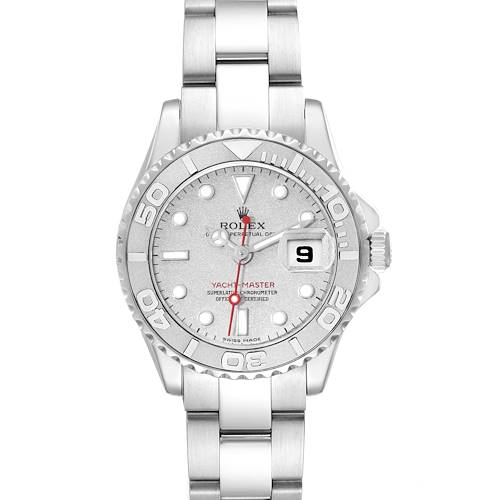 The Rolex Yacht-Master 169622 Women's Stainless Steel Grey Dial 169622 Women's Stainless Steel Grey Dial watch is shown from a straight-on angle, displaying its dial, bezel, and part of the band.