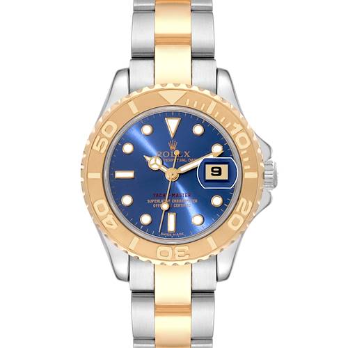 The image shows a frontal view of the Rolex Yacht-Master 69623 Women's Steel and Gold (two tone) Blue Dial 69623 Women's Steel and Gold (two tone) Blue Dial watch, highlighting its face, bezel, and two-tone bracelet.