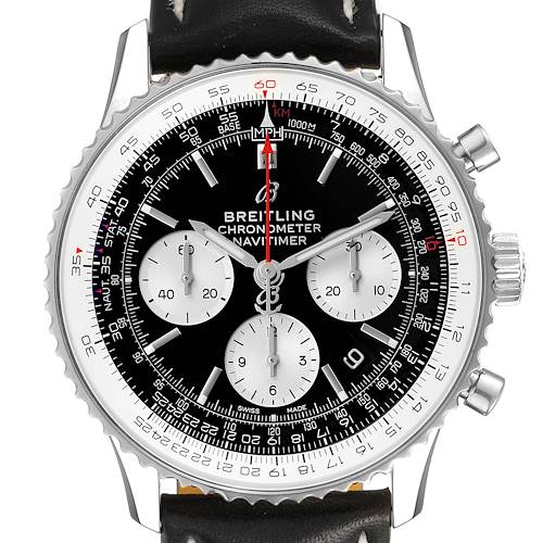 This is a frontal view of the Breitling Navitimer AB0121 Men's Stainless Steel Black Dial AB0121 Men's Stainless Steel Black Dial watch, showing its black dial, three subdials, and bezel with a black leather strap.