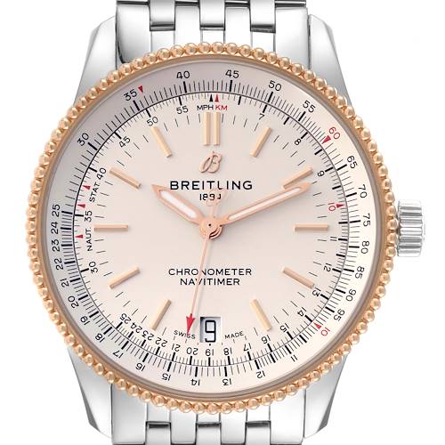 The image shows a front view of the Breitling Navitimer U17325 Men's Stainless Steel Silver Dial U17325 Men's Stainless Steel Silver Dial watch, highlighting the dial, bezel, and part of the metal strap.