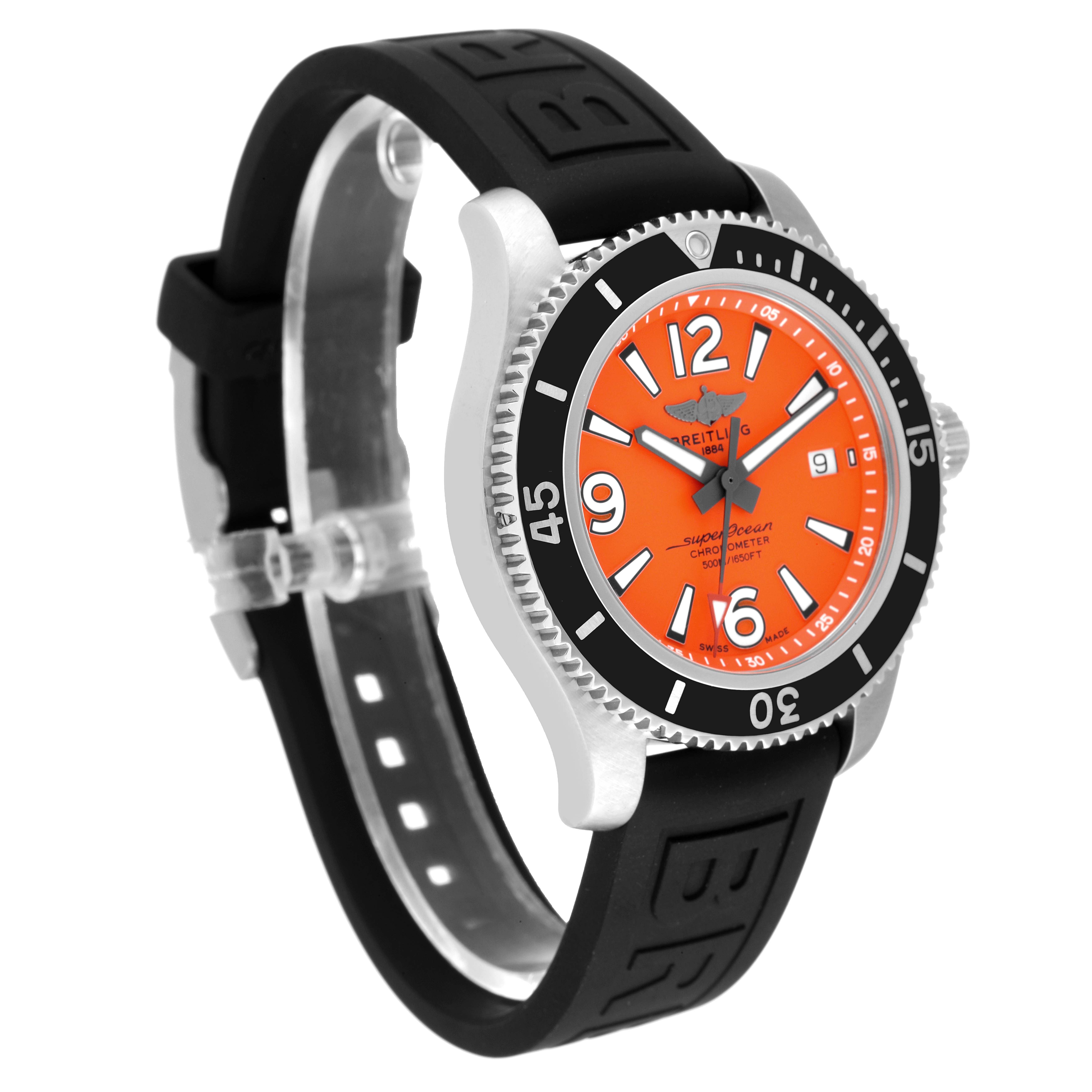 The Breitling Superocean A17366 Men's Stainless Steel Orange Dial A17366 Men's Stainless Steel Orange Dial watch is shown at a front-left angle, highlighting its orange dial, black bezel, and black rubber strap.