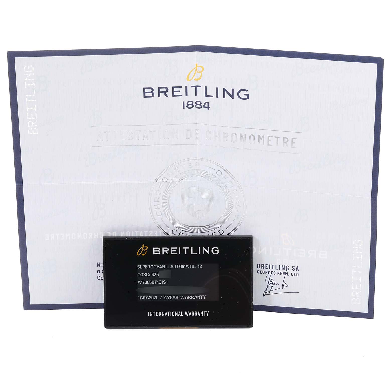 The image shows the warranty card and certificate for the Breitling Superocean A17366 Men's Stainless Steel Orange Dial A17366 Men's Stainless Steel Orange Dial Automatic 42.