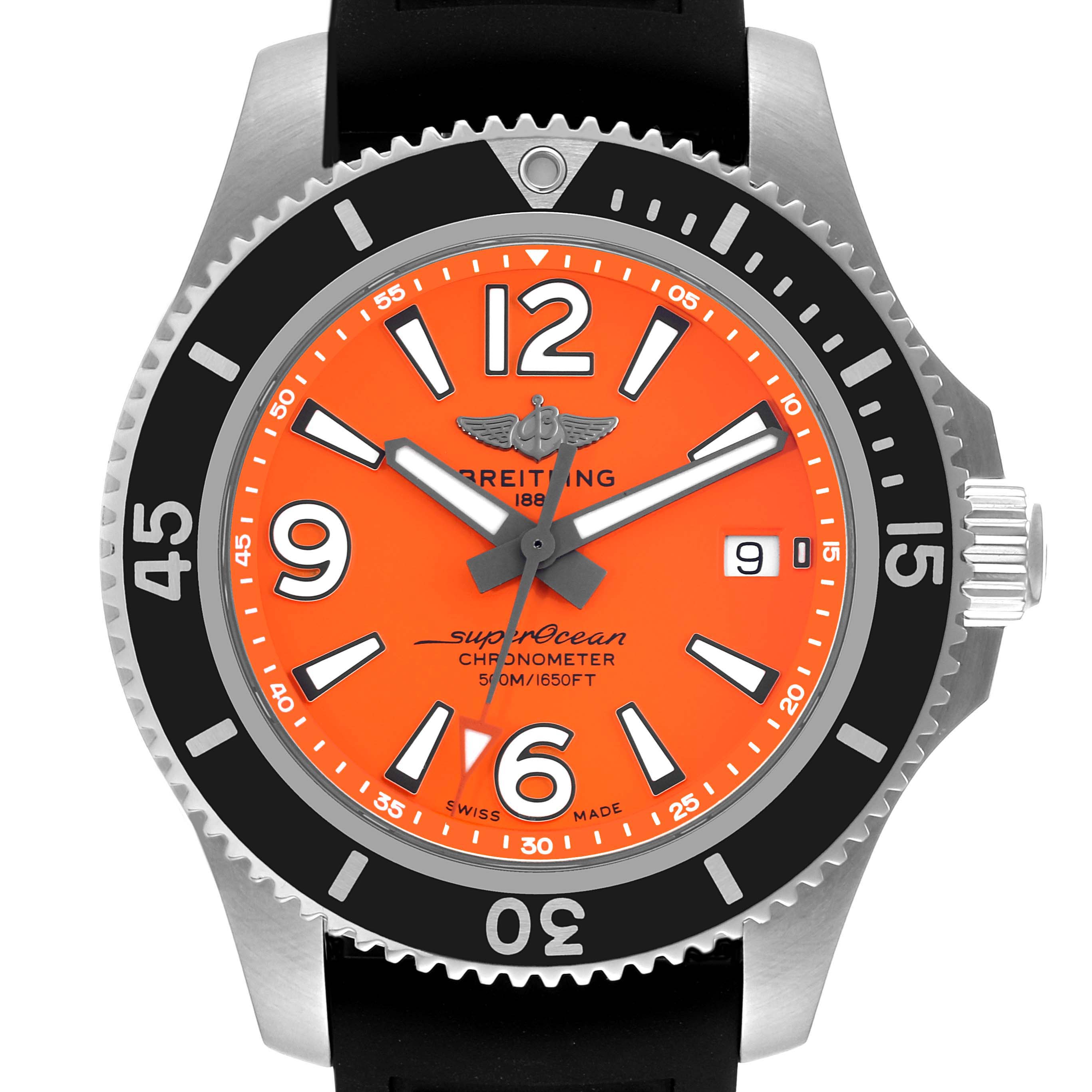 The image shows a front view of a Breitling Superocean A17366 Men's Stainless Steel Orange Dial A17366 Men's Stainless Steel Orange Dial watch with an orange dial, black bezel, and date window.