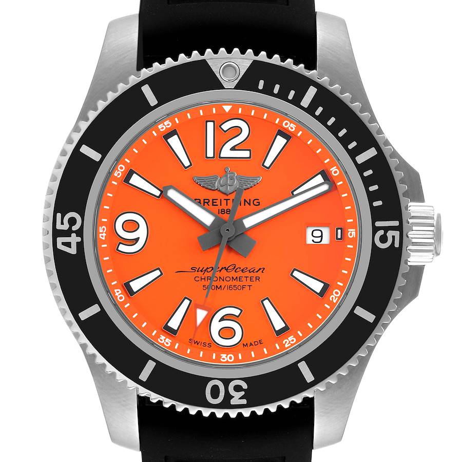 The image shows a front view of a Breitling Superocean A17366 Men's Stainless Steel Orange Dial A17366 Men's Stainless Steel Orange Dial watch with an orange dial, black bezel, and date window.