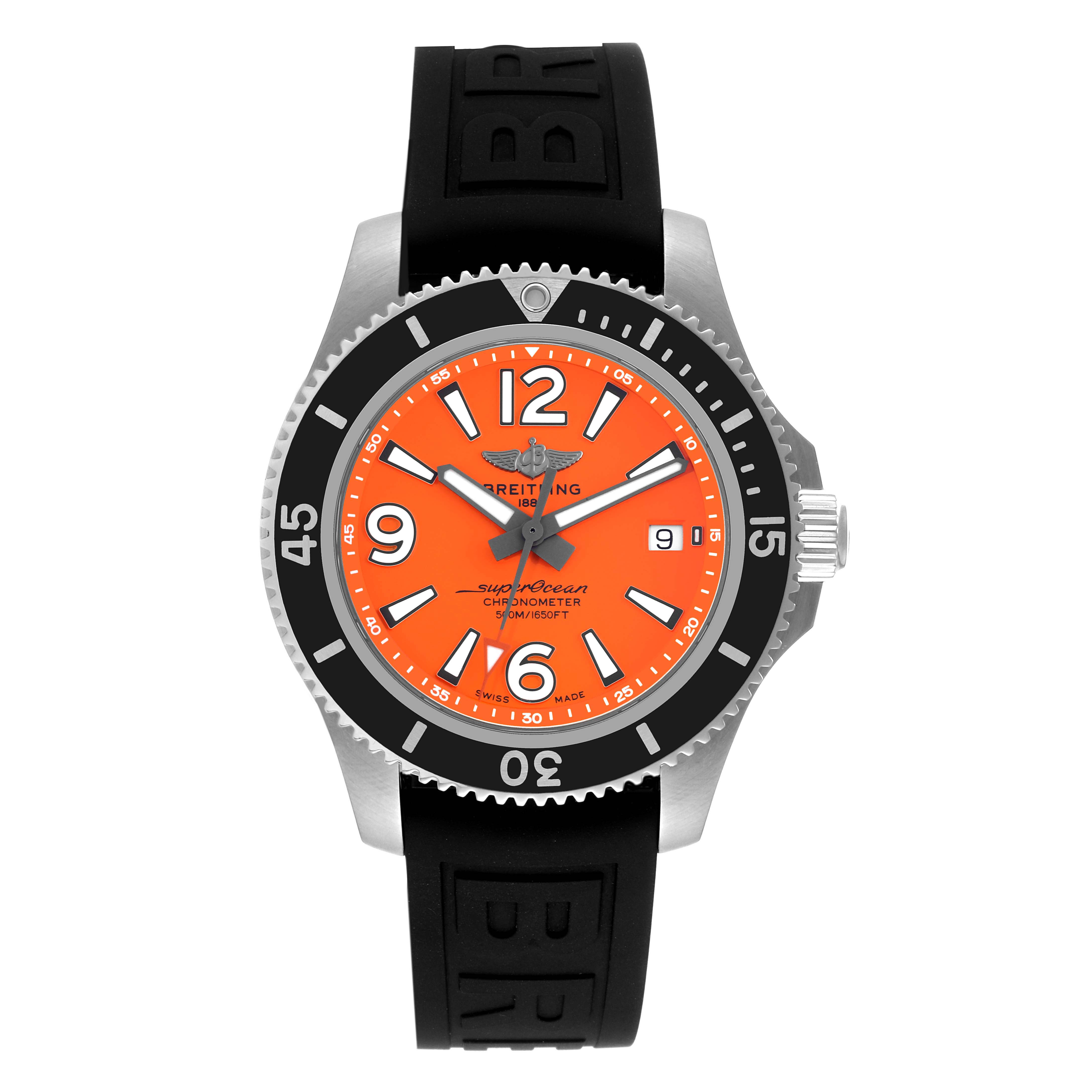 The image shows a front view of a Breitling Superocean A17366 Men's Stainless Steel Orange Dial A17366 Men's Stainless Steel Orange Dial watch with an orange dial and black rubber strap.