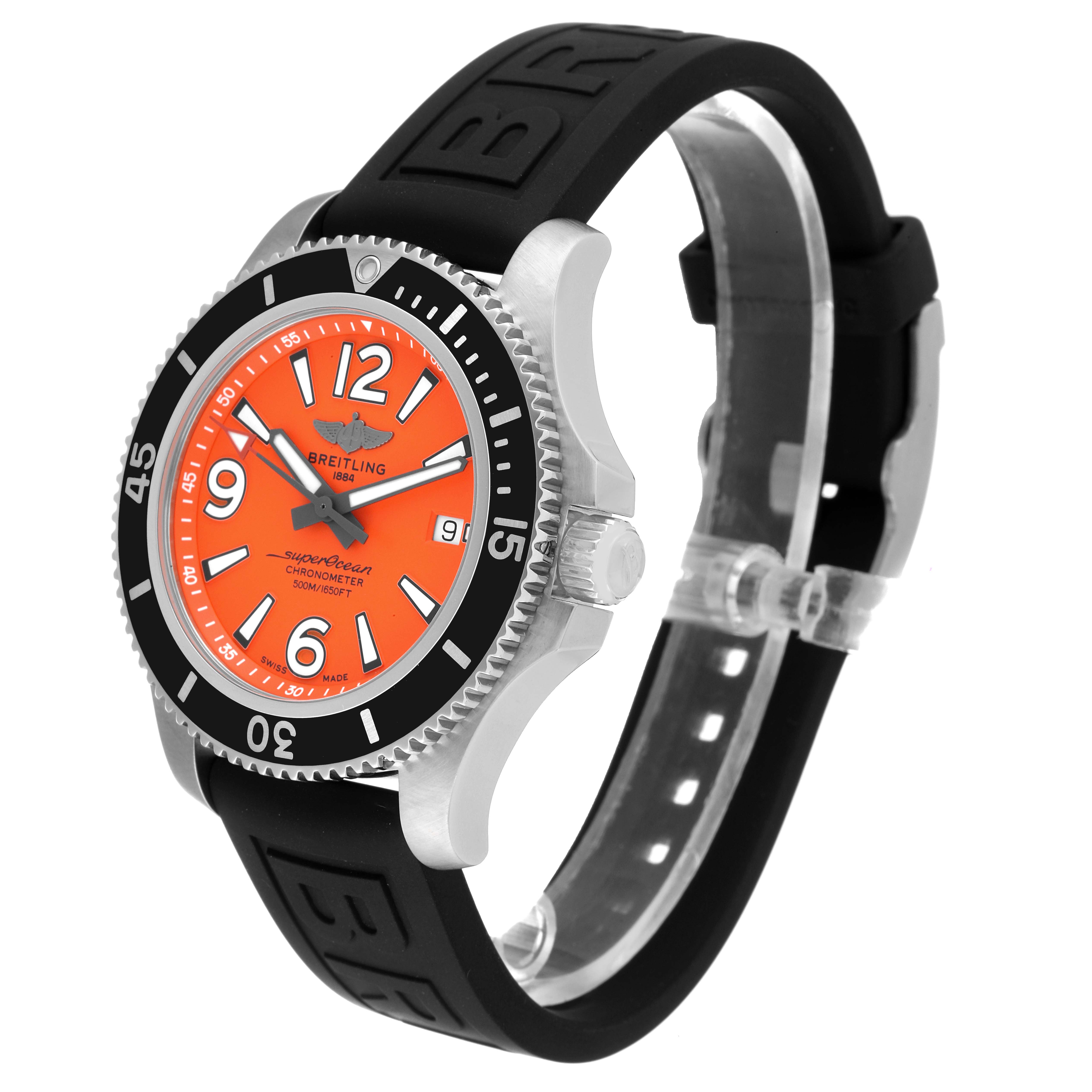 The Breitling Superocean A17366 Men's Stainless Steel Orange Dial A17366 Men's Stainless Steel Orange Dial watch is shown at a slight angle showcasing the face, bezel, crown, and rubber strap.