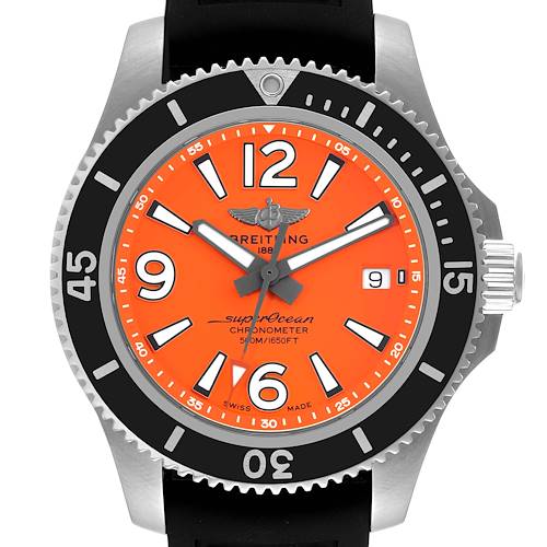 This image shows a frontal view of a Breitling Superocean A17366 Men's Stainless Steel Orange Dial A17366 Men's Stainless Steel Orange Dial watch with a bright orange dial, black bezel, and black strap.