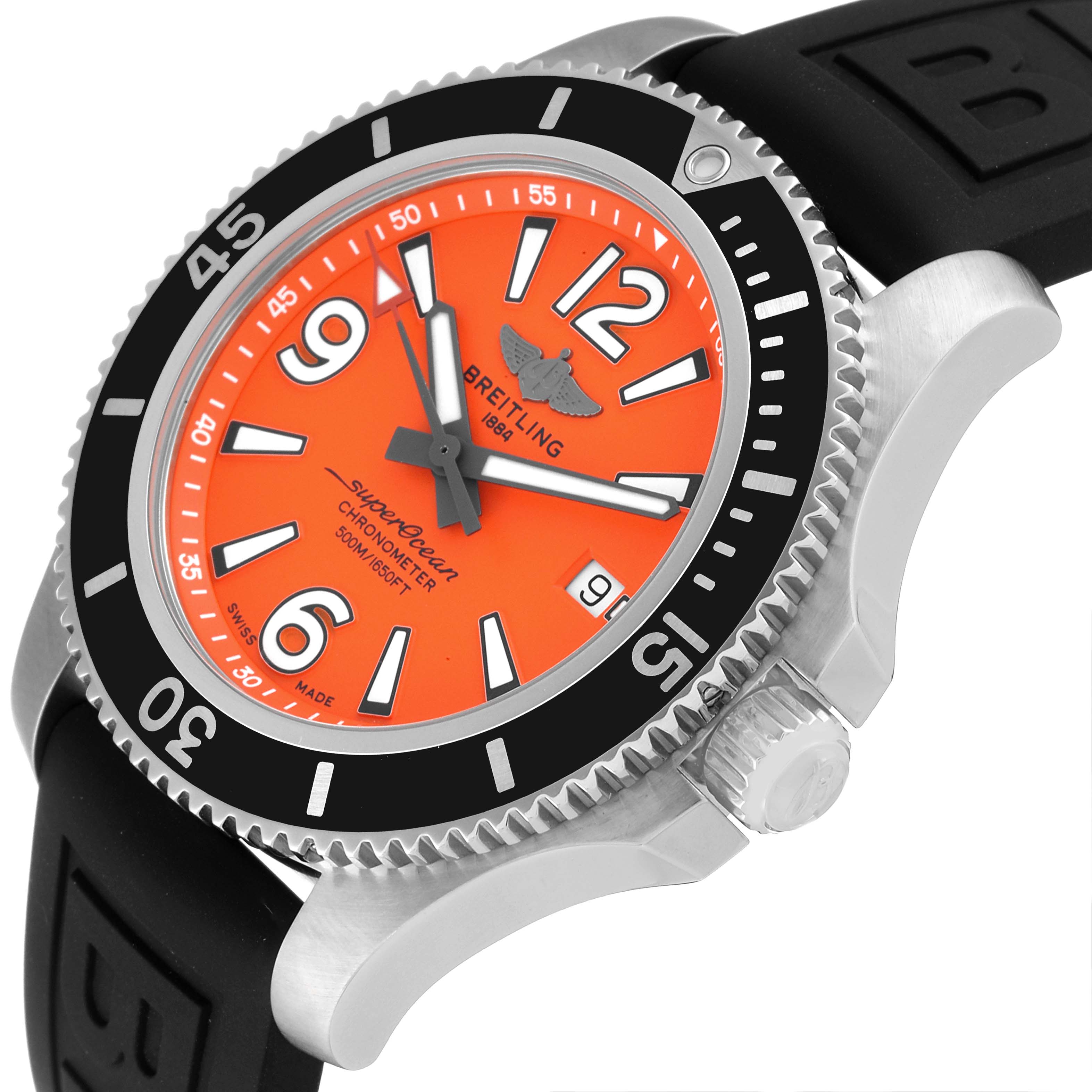 This photo shows a Breitling Superocean A17366 Men's Stainless Steel Orange Dial A17366 Men's Stainless Steel Orange Dial watch from an angled top-down view, highlighting the dial, bezel, case, and rubber strap.