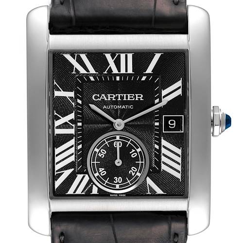 The image shows a front view of a Cartier Tank MC W5330004 Men's Stainless Steel Black Dial W5330004 Men's Stainless Steel Black Dial watch displaying the dial, hands, date window, and crown.