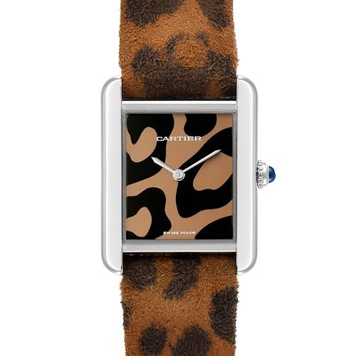 This Cartier Tank Solo W5200016 Women's Stainless Steel Silver Dial W5200016 Women's Stainless Steel Silver Dial watch is shown from the front, highlighting its leopard-print dial and strap.