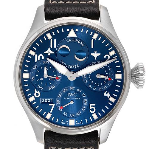 The image shows a frontal view of an IWC Pilot IW503605 Men's Stainless Steel Blue Dial IW503605 Men's Stainless Steel Blue Dial model watch, displaying its intricate dial and complications.