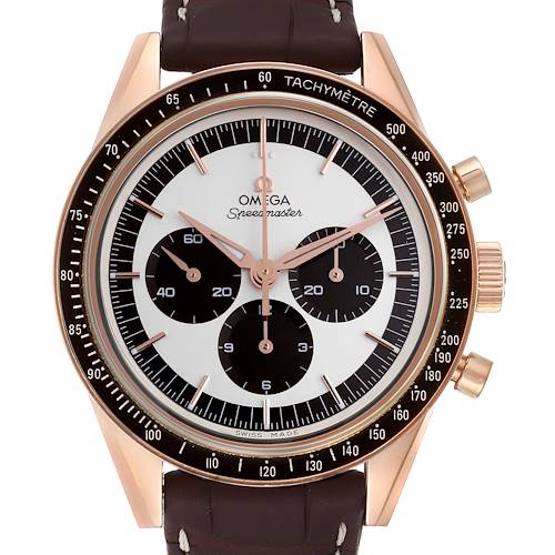 The image shows a front view of an Omega Speedmaster 311.63.40.30.02.001 Men's Rose Gold Silver Dial 311.63.40.30.02.001 Men's Rose Gold Silver Dial watch with a brown leather strap and three sub-dials.