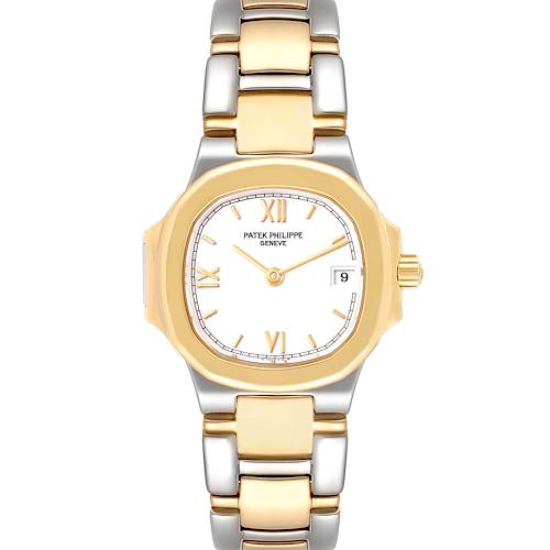 The image shows a front view of a Patek Philippe Nautilus 4700 Women's Steel and Gold (two tone) White Dial 4700 Women's Steel and Gold (two tone) White Dial watch, highlighting its two-tone bracelet and round white dial with Roman numerals.