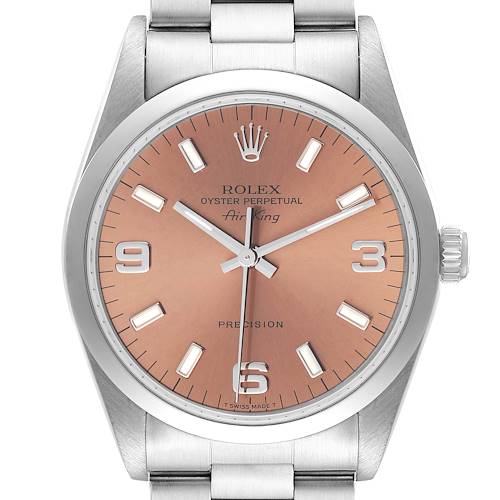 The image shows a front view of a Rolex Air-King 14000 Men's Stainless Steel Pink Dial 14000 Men's Stainless Steel Pink Dial watch, featuring its dial, hour markers, hands, and part of the bracelet.