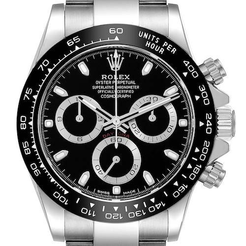 The image displays a front view of the Rolex Daytona 116500 Men's Stainless Steel Black Dial 116500 Men's Stainless Steel Black Dial watch, highlighting its black dial, three sub-dials, and tachymeter bezel.