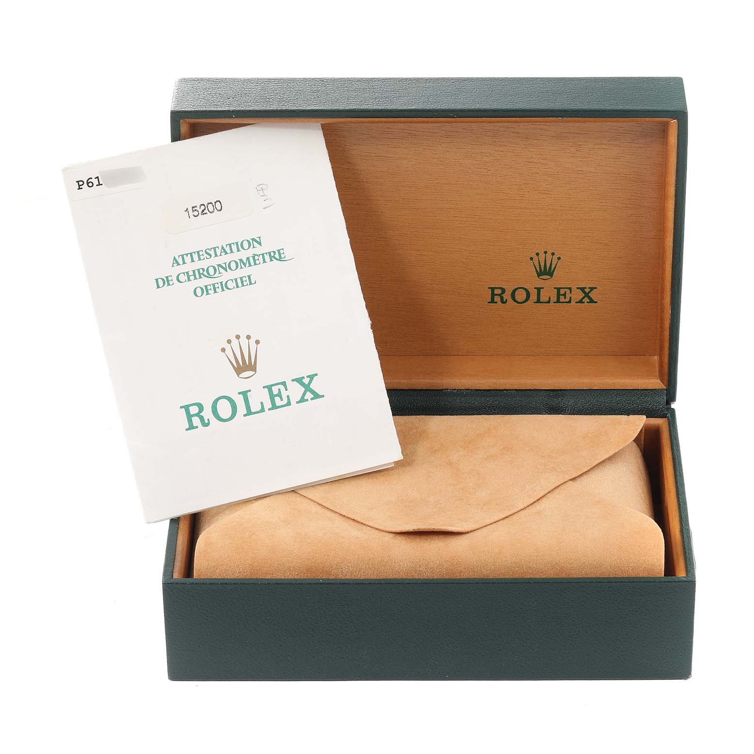 The image shows the packaging of a Rolex Date 15200 Men's Stainless Steel Black Dial 15200 Men's Stainless Steel Black Dial watch, including a certificate and a leather pouch, inside an open box.