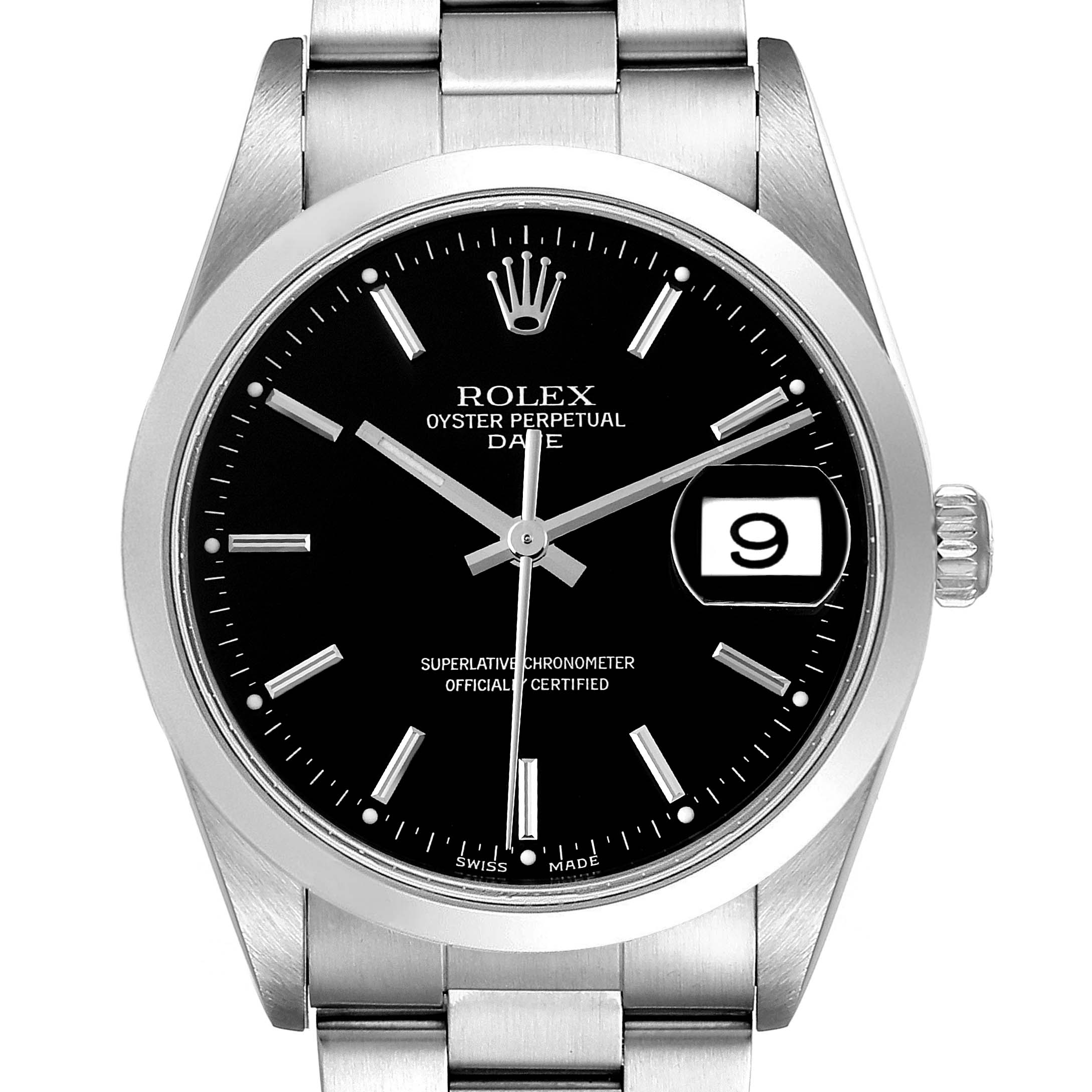This is a Rolex Oyster Perpetual Date model watch, showing the face, bezel, and part of the bracelet at a straight-on angle.