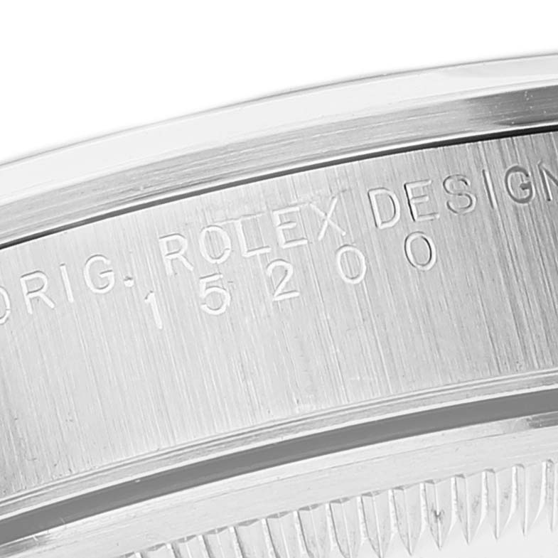 The image shows a close-up of the case back and case side of the Rolex Date 15200 Men's Stainless Steel Black Dial 15200 Men's Stainless Steel Black Dial model, highlighting the engraved serial number.