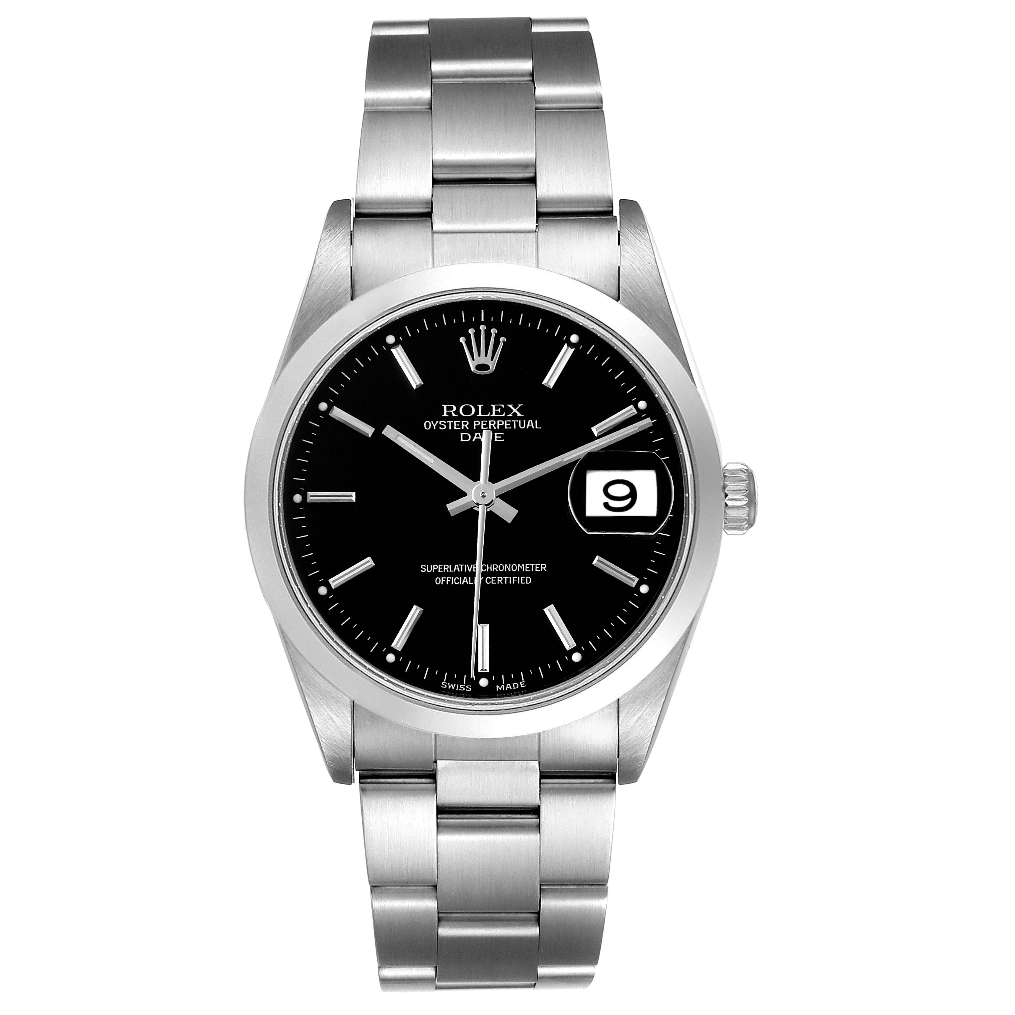 This image shows a front view of a Rolex Date 15200 Men's Stainless Steel Black Dial 15200 Men's Stainless Steel Black Dial watch, highlighting its black dial, silver bracelet, and date window.