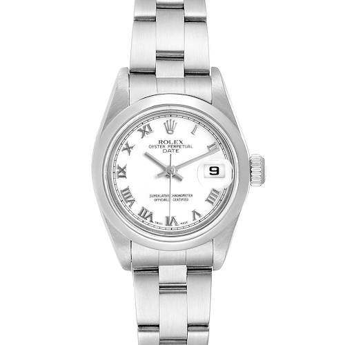 The Rolex Date 79160  Women's Stainless Steel White Dial 79160  Women's Stainless Steel White Dial watch is displayed from the front, showing its face, bezel, bracelet, and date window.