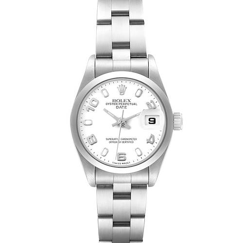 This is a front view of a Rolex Date 69160 Women's Stainless Steel White Dial 69160 Women's Stainless Steel White Dial model watch showing its face, bezel, crown, and bracelet.