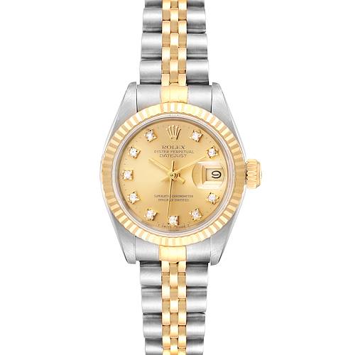 This image shows a frontal view of a Rolex Datejust 69173 Women's Steel and Gold (two tone) Champagne Dial 69173 Women's Steel and Gold (two tone) Champagne Dial watch, highlighting the dial, bezel, and bracelet.