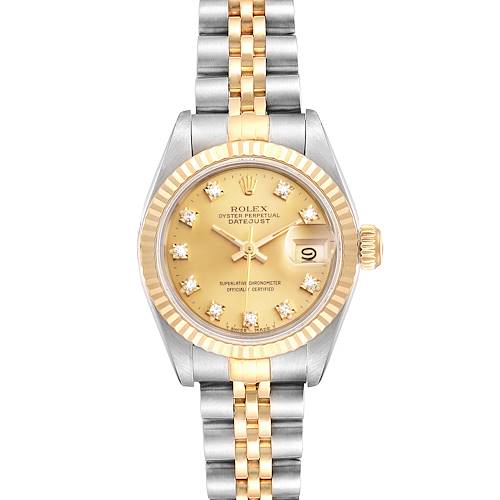 This image shows a front view of a Rolex Datejust 69173 Women's Steel and Gold (two tone) Champagne Dial 69173 Women's Steel and Gold (two tone) Champagne Dial watch, highlighting its two-tone bracelet, gold bezel, and champagne diamond dial.