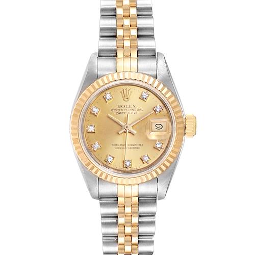 The image shows a front view of a Rolex Datejust 69173 Women's Steel and Gold (two tone) Champagne Dial 69173 Women's Steel and Gold (two tone) Champagne Dial watch, featuring a gold dial, diamond hour markers, and a two-tone band.