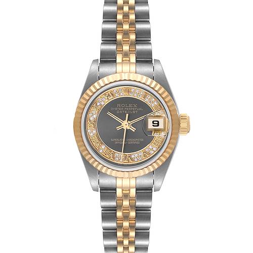 This Rolex Datejust 79173 Women's Steel and Gold (two tone) Grey Dial 79173 Women's Steel and Gold (two tone) Grey Dial watch is shown from a front angle, displaying its face, bezel, hands, and bracelet clearly.