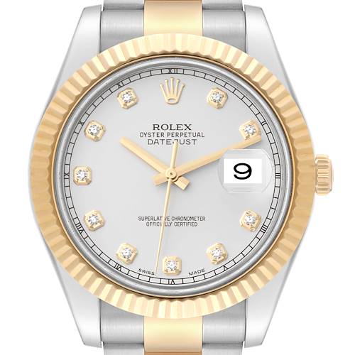 The image shows a front angle of the Rolex Datejust 41 116333 Men's Steel and Gold (two tone) Silver Dial 116333 Men's Steel and Gold (two tone) Silver Dial watch, highlighting the dial, bezel, and part of the bracelet.