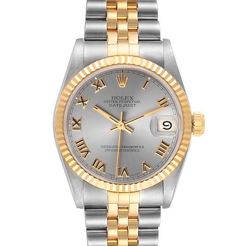 This is a front view of a Rolex Mid-Size 68273 Women's Steel and Gold (two tone) Grey Dial 68273 Women's Steel and Gold (two tone) Grey Dial Oyster Perpetual Datejust watch, showcasing its dial, bezel, and bracelet.