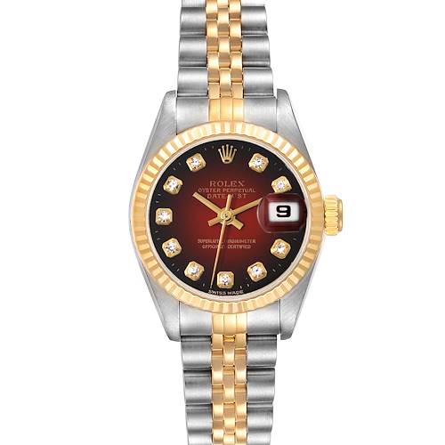 This image shows a Rolex Datejust 69173 Women's Steel and Gold (two tone) Red Dial 69173 Women's Steel and Gold (two tone) Red Dial watch from the front, highlighting its two-tone bracelet, black dial, and date window at 3 o'clock.