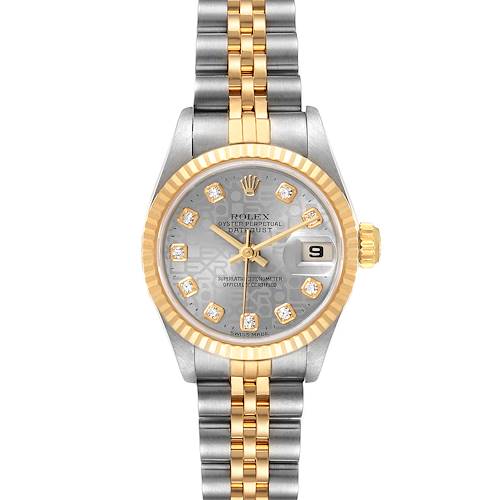 This is a front view of a Rolex Datejust 69173 Women's Steel and Gold (two tone) Grey Dial 69173 Women's Steel and Gold (two tone) Grey Dial watch, showcasing its silver and gold jubilee bracelet, fluted bezel, and diamond-set dial.