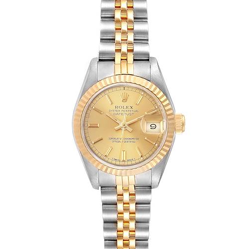 The image shows a Rolex Datejust 69173 Women's Steel and Gold (two tone) Champagne Dial 69173 Women's Steel and Gold (two tone) Champagne Dial model watch, viewed from the front, featuring the dial, bracelet, and date window.