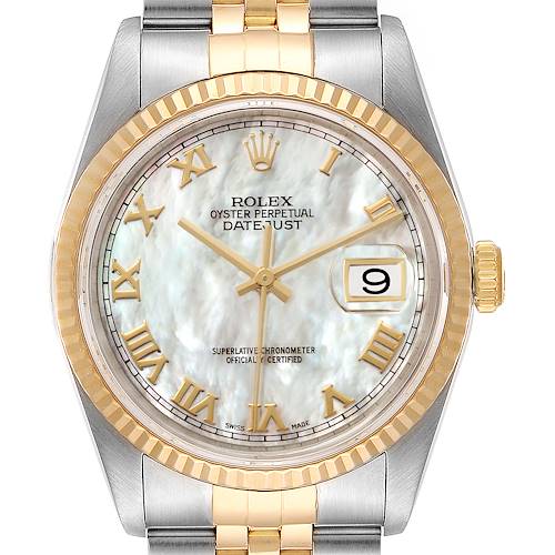 This image shows a front view of a Rolex Datejust 16233 Men's Steel and Gold (two tone) Mother of Pearl Dial 16233 Men's Steel and Gold (two tone) Mother of Pearl Dial watch, highlighting the dial, bezel, crown, and part of the bracelet.