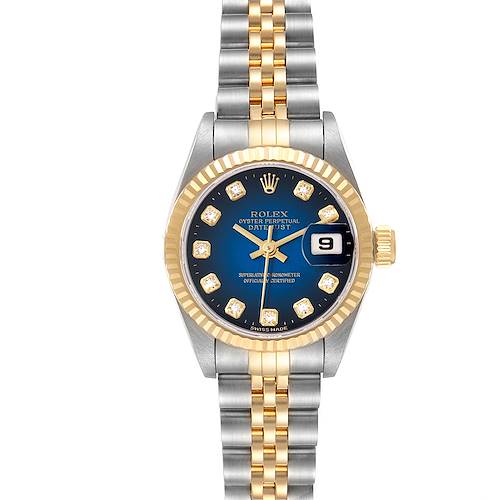 This image shows a Rolex Datejust 69173 Women's Steel and Gold (two tone) Blue Dial 69173 Women's Steel and Gold (two tone) Blue Dial watch from the front, highlighting its blue dial, diamond hour markers, and two-tone bracelet.