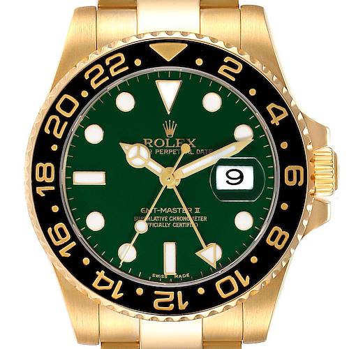 This image shows a front view of a Rolex GMT-Master 116718 Men's Yellow Gold Green Dial 116718 Men's Yellow Gold Green Dial II watch, highlighting its green dial, black bezel, and date display.