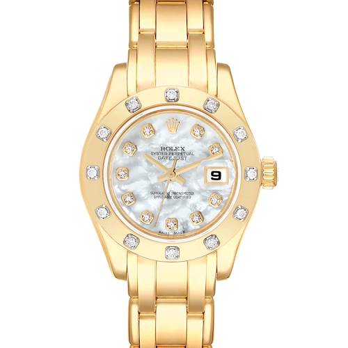 This image shows a Rolex Pearlmaster 80318 Women's Yellow Gold Mother of Pearl Dial 80318 Women's Yellow Gold Mother of Pearl Dial watch from a top-down angle, highlighting its gold case, diamond markers, and bracelet.