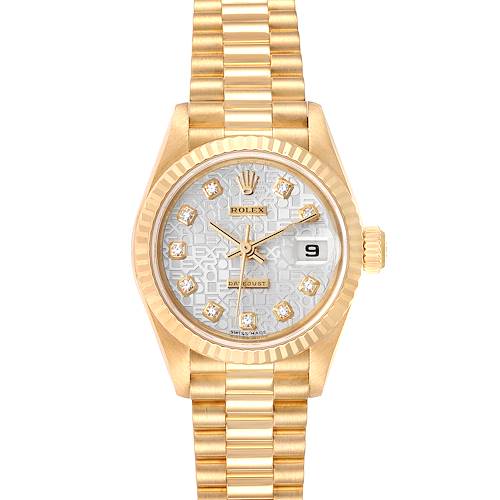 The Rolex President 79178 Women's Yellow Gold Silver Dial 79178 Women's Yellow Gold Silver Dial model watch is shown from a front angle, displaying the face, bezel, crown, and bracelet.