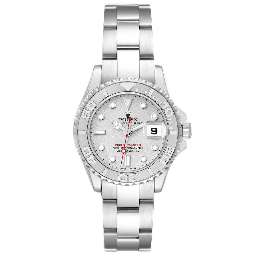 This Rolex Yacht-Master 169622 Women's Stainless Steel Silver Dial 169622 Women's Stainless Steel Silver Dial watch is shown from a front angle, displaying its face, bezel, crown, and bracelet.
