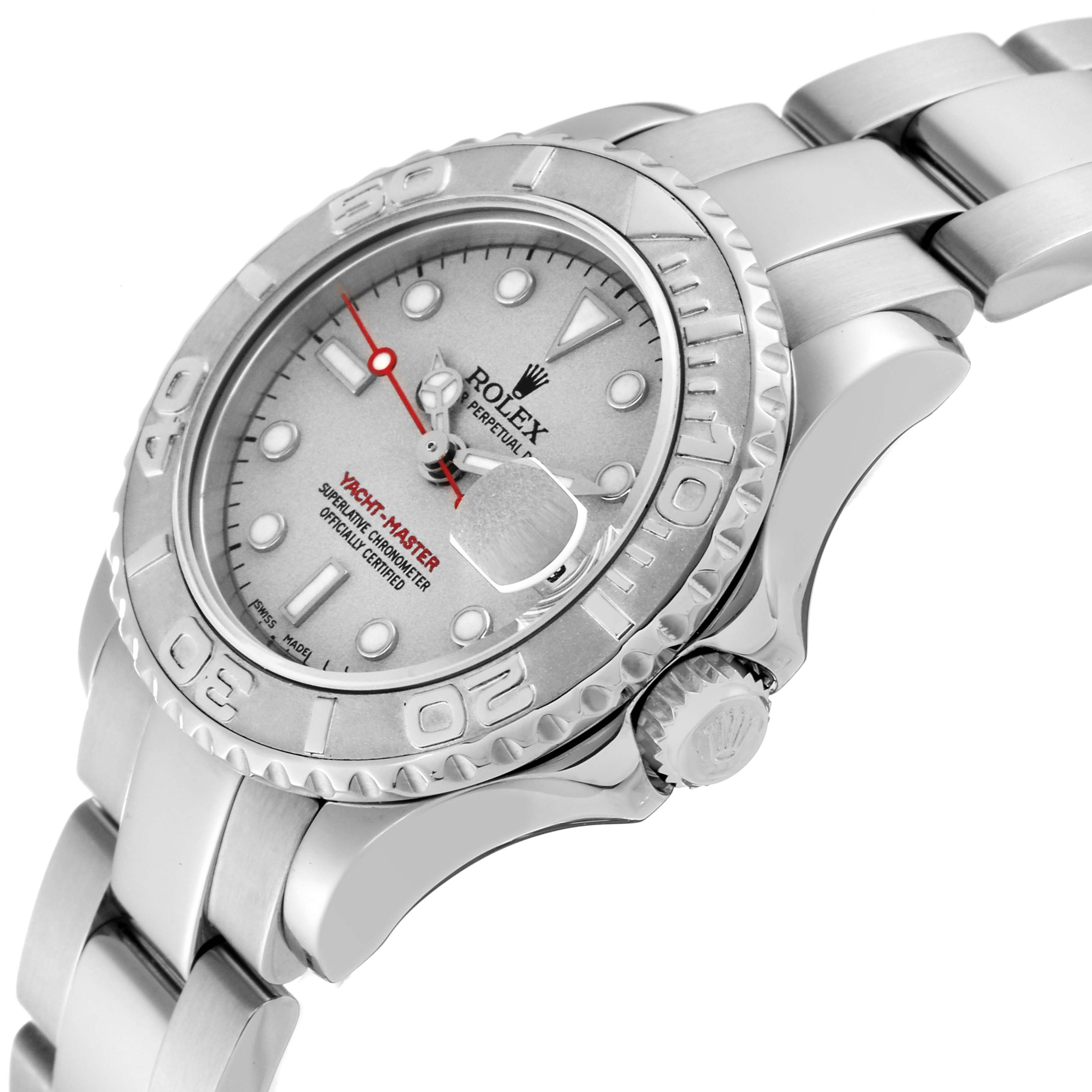 This image shows a close-up, angled view of the Rolex Yacht-Master 169622 Women's Stainless Steel Silver Dial 169622 Women's Stainless Steel Silver Dial watch, highlighting its face, bezel, and part of the bracelet.