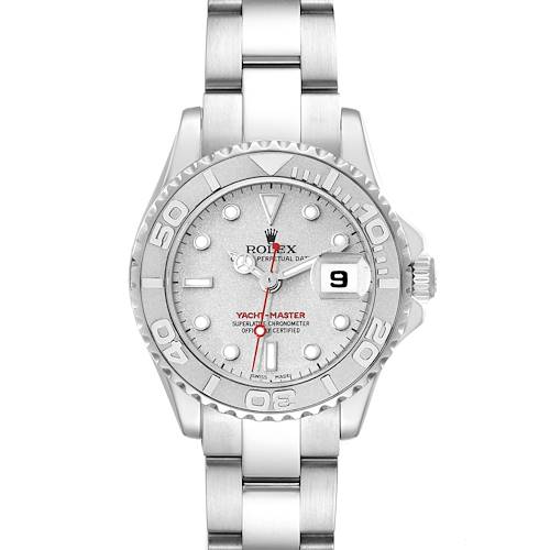 The Rolex Yacht-Master 169622 Women's Stainless Steel Silver Dial 169622 Women's Stainless Steel Silver Dial watch is shown from a front angle, highlighting its dial, bezel, crown, and bracelet.