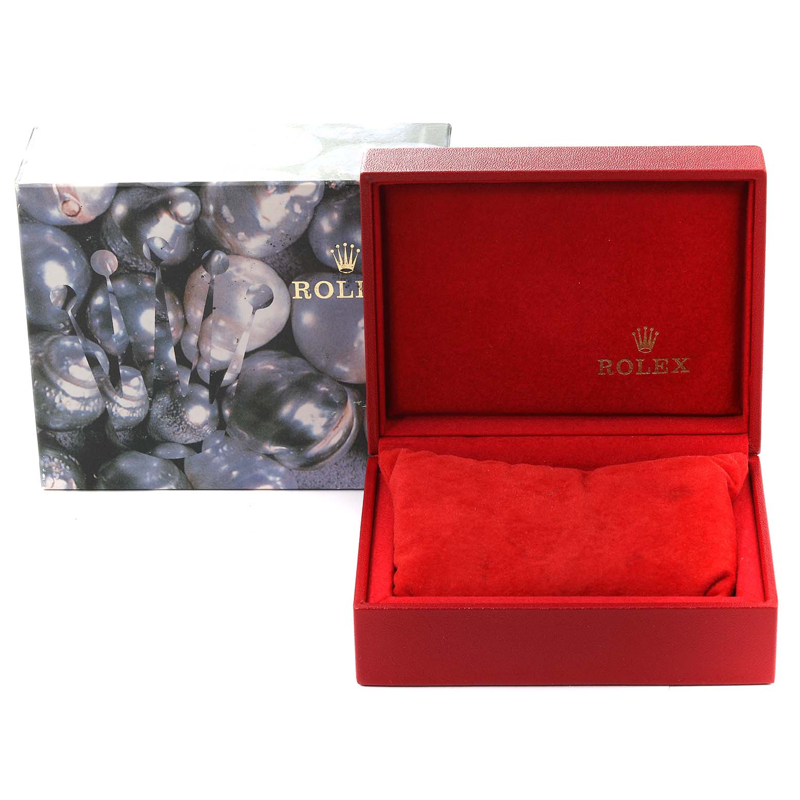 The image shows the packaging for a Rolex Yacht-Master 169622 Women's Stainless Steel Silver Dial 169622 Women's Stainless Steel Silver Dial watch, including an ornate outer box and an open red inner box with a padded interior.