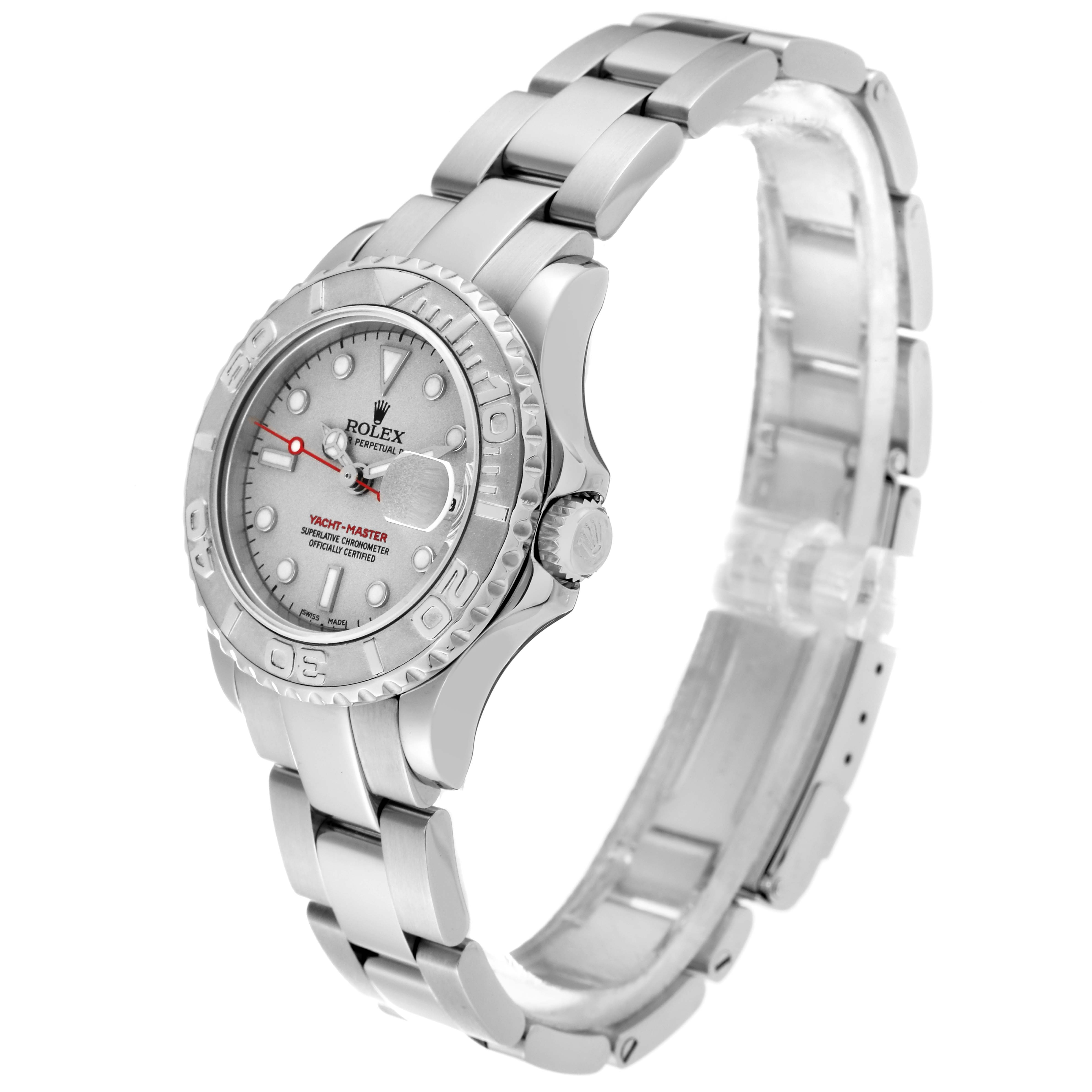 The image shows a Rolex Yacht-Master 169622 Women's Stainless Steel Silver Dial 169622 Women's Stainless Steel Silver Dial watch from a 3/4 angle, highlighting the dial, bezel, bracelet, and clasp.